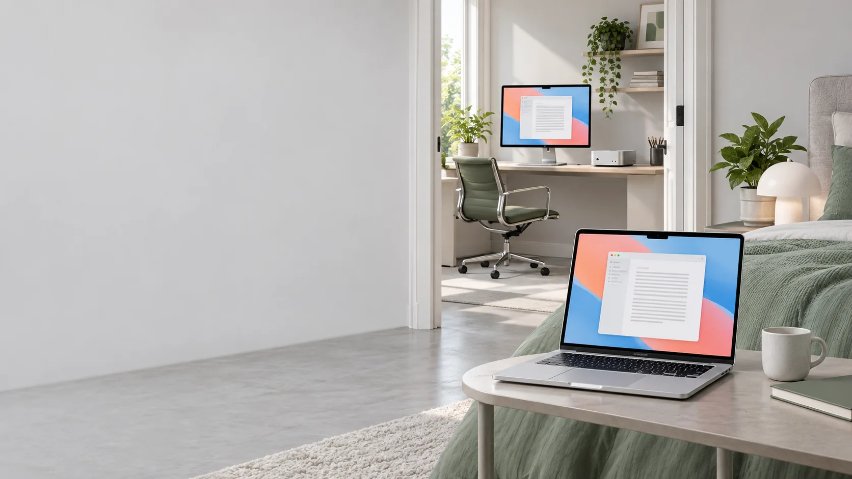 A MacBook beside a bed and a Mac mini in the study, with the same desktop on both screens.