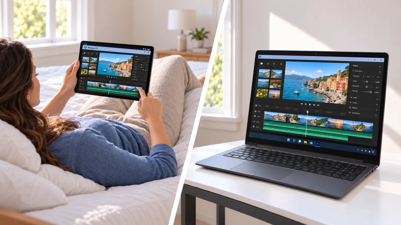 A woman holding an Android tablet in bed, with the same video-editing workspace on a Windows notebook at a desk.