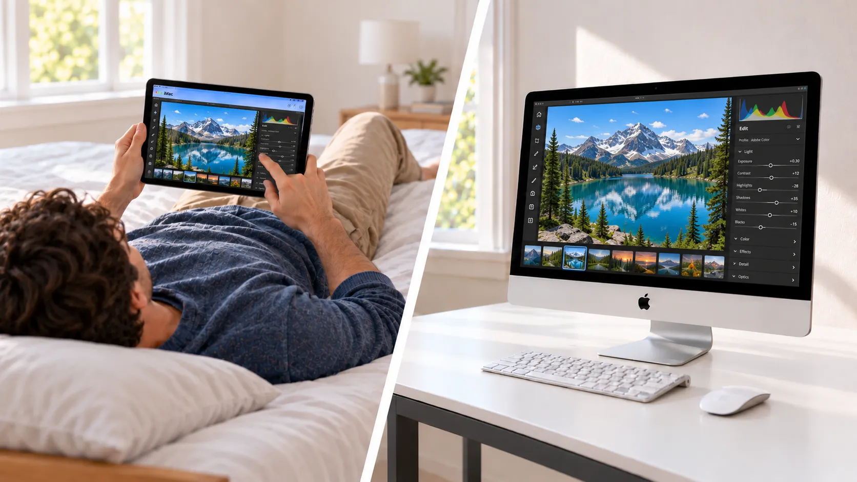 A person holding an iPad in bed, with the same photo-editing workspace on an iMac at a desk.