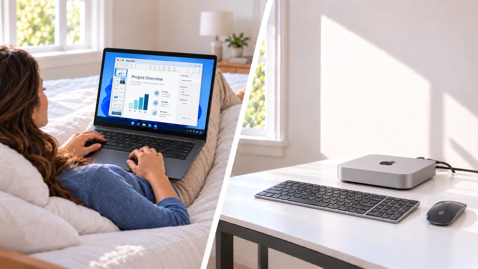 A woman using a Windows notebook on her lap to access a Mac mini on a desk with a keyboard and mouse but no monitor.