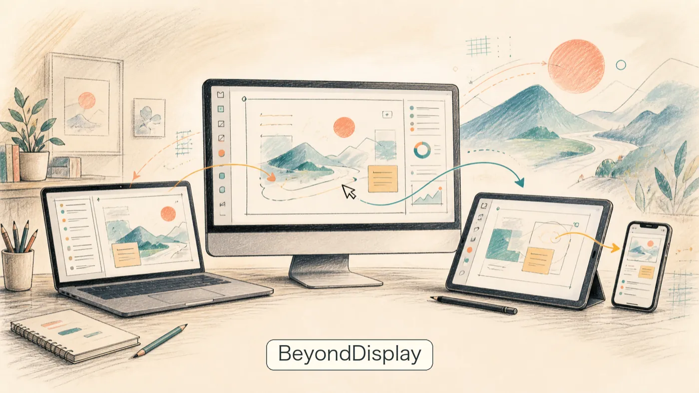 A Mac, desktop display, and iPad working together across connected screens