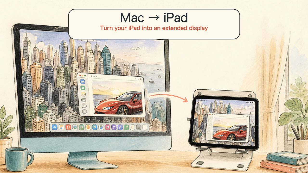 A Mac extending its desktop to an iPad
