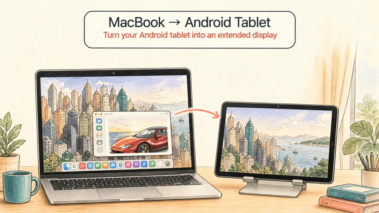 A MacBook extending its desktop to an Android tablet
