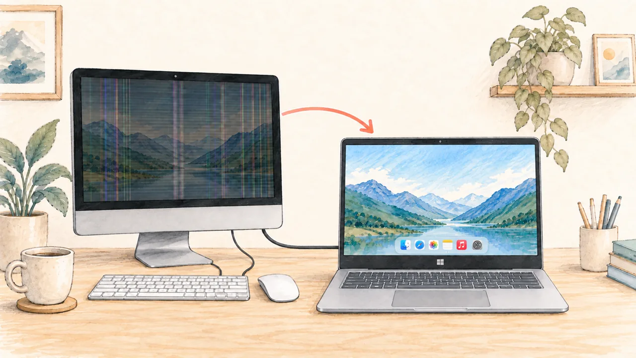 A dim iMac with vertical screen lines mirrored clearly to a Windows notebook