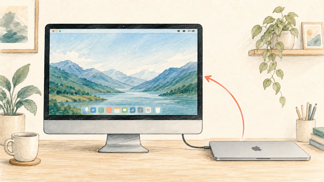 An old iMac used as the main monitor for a closed MacBook