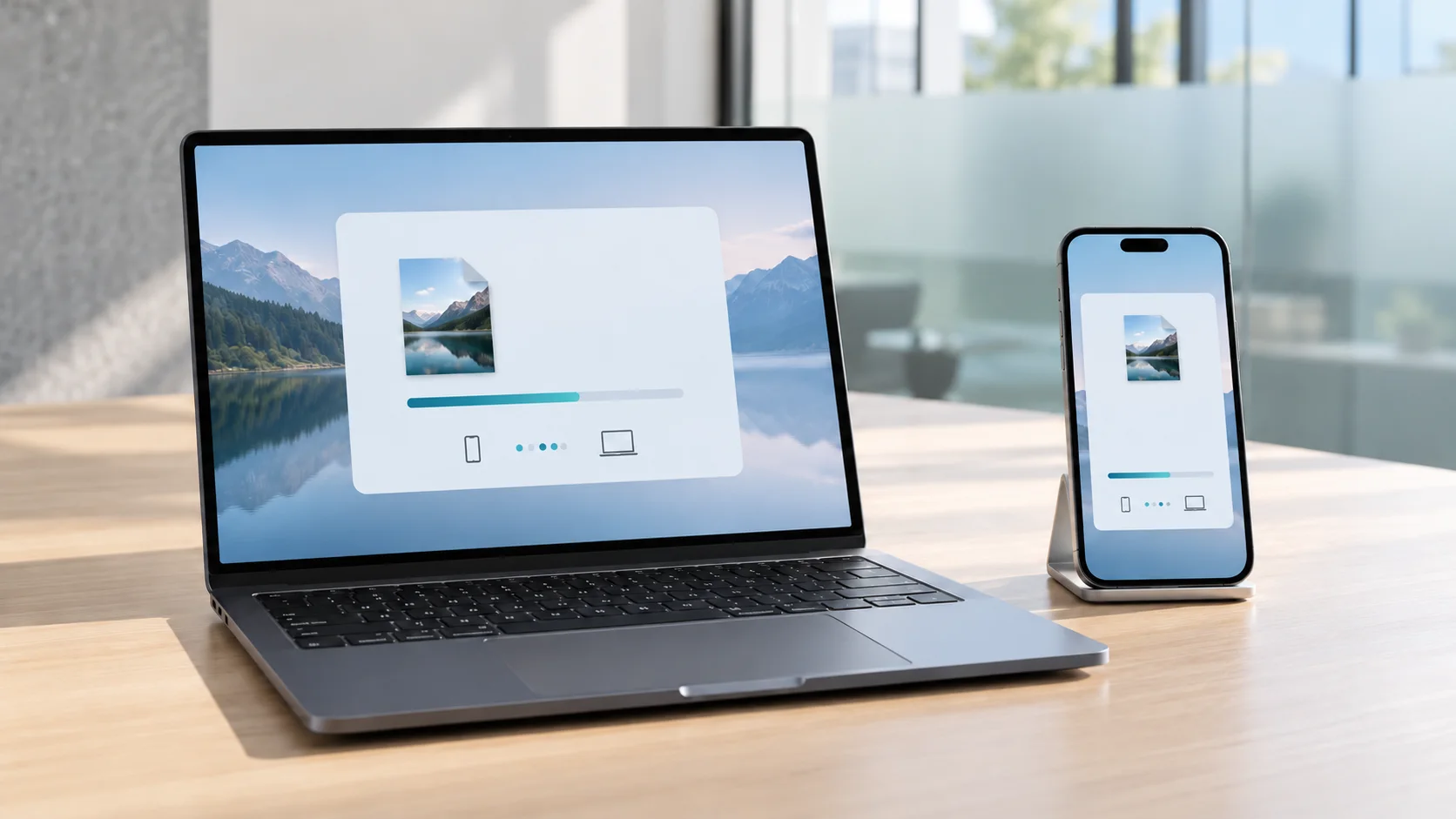 A phone and notebook computer showing the same file transfer in progress