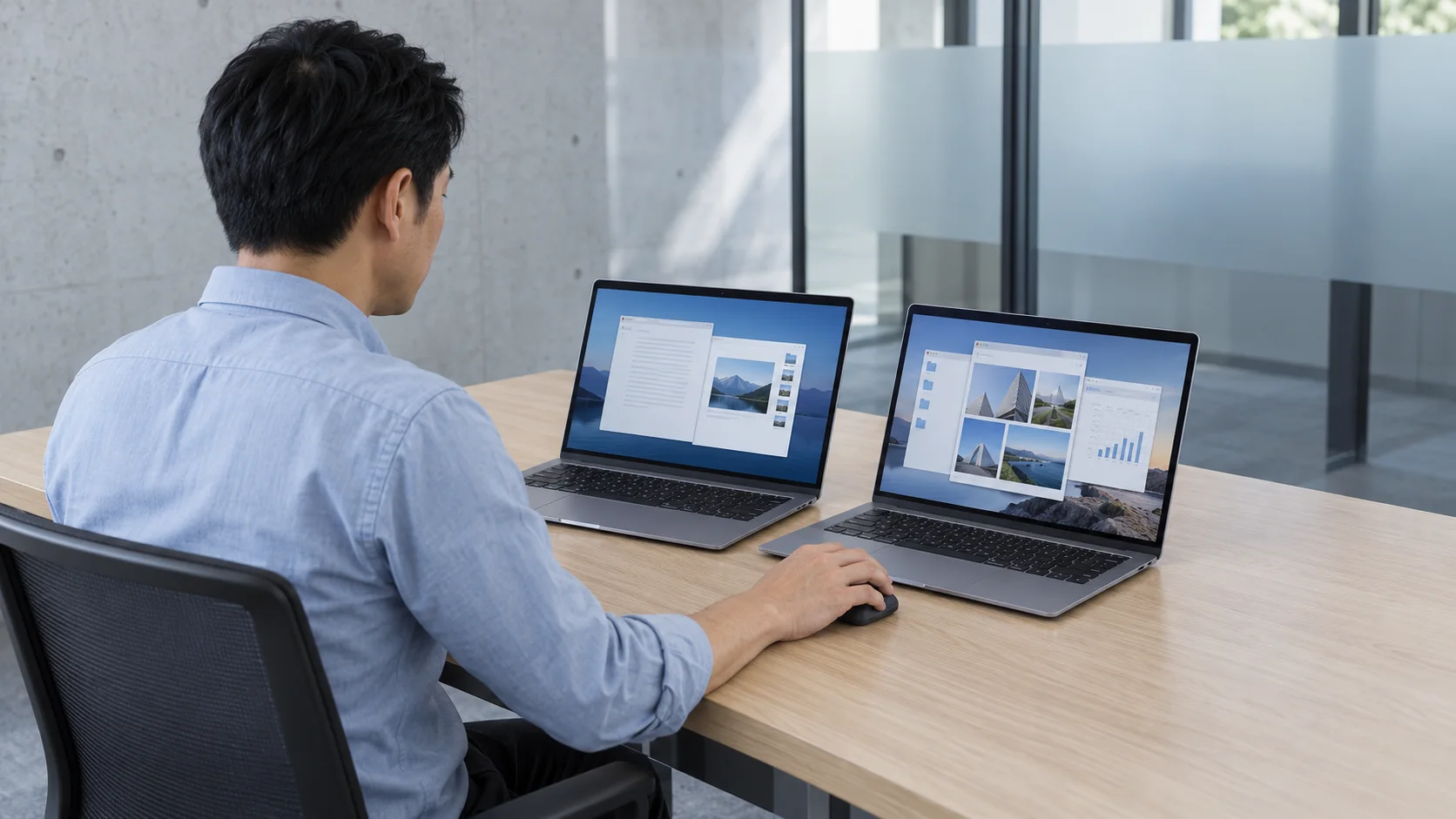 A man using one wireless mouse with two notebook computers in a clean office